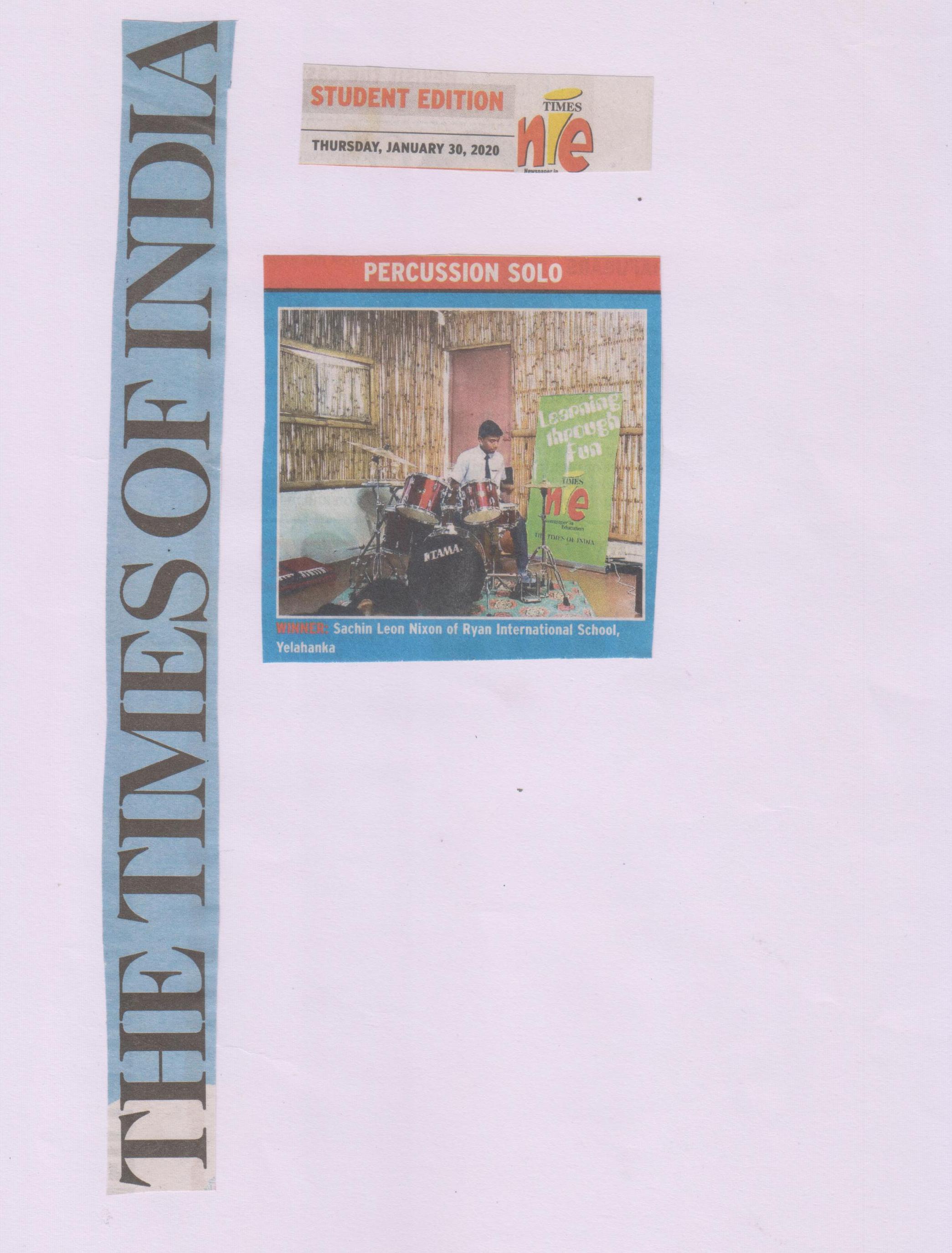 Percussion Solo’ - The Times of India  - Ryan International School, Yelahanka - Ryan Group